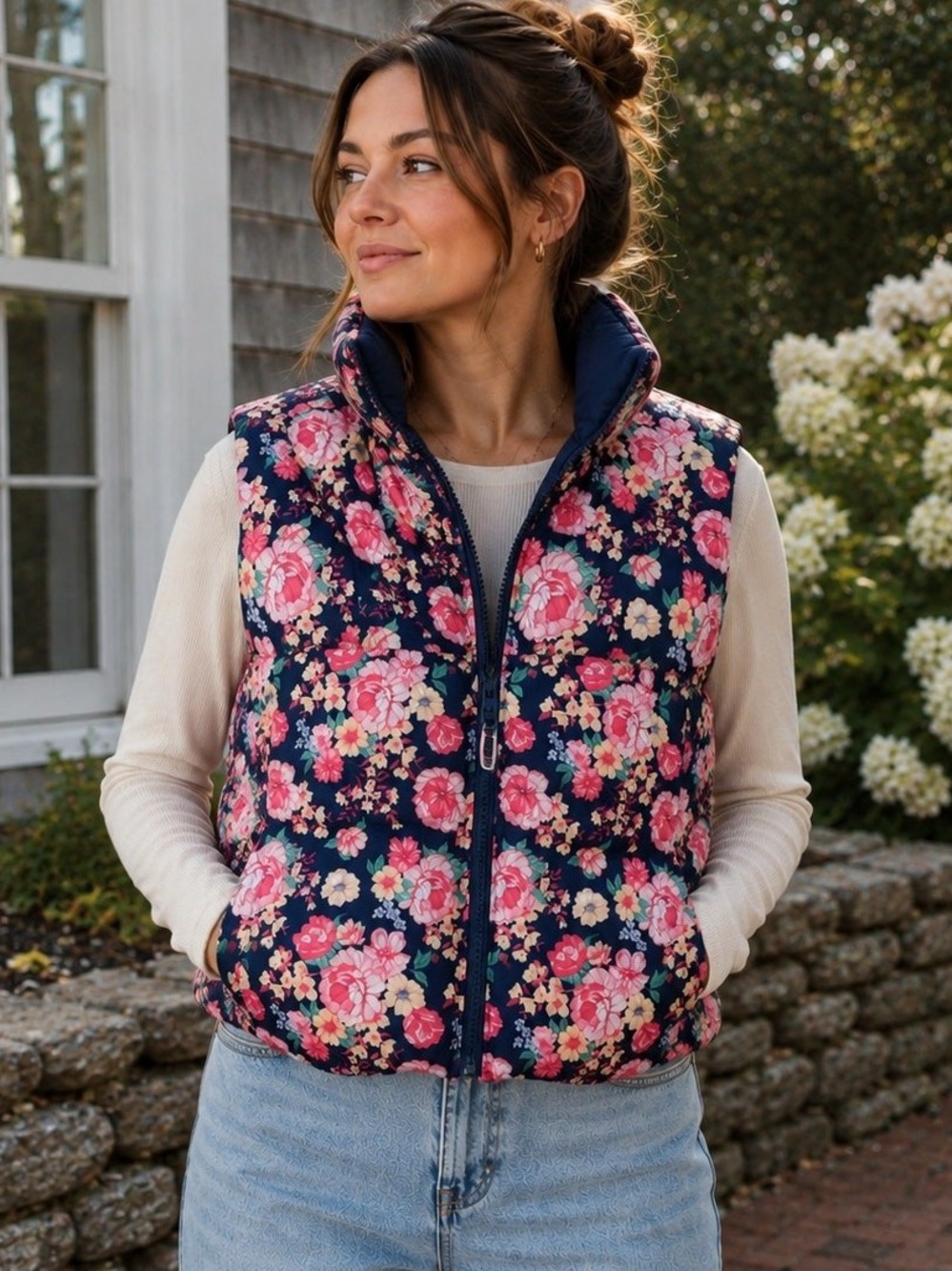 Simply Southern Puffer Vest Womens Size XL Floral Blue Pink Coquette Twee NEW